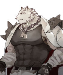 Rule 34 | 1boy, animal ears, arknights, bara, black tank top, chain, chain necklace, covered abs, covered navel, dog tags, furry, furry male, jewelry, ketanbakar, large pectorals, looking to the side, male focus, mountain (arknights), muscular, muscular male, necklace, pants, pectorals, short hair, solo, tank top, tiger boy, tiger ears, tiger stripes, upper body, white background, white fur, white pants