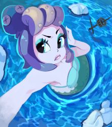 Rule 34 | 1girl, arm up, bare arms, bare shoulders, blue eyes, cala maria (cuphead), cuphead (game), from above, giant, giantess, lips, looking at viewer, mermaid, monster girl, navel, outstretched arm, pale skin, partially submerged, purple hair, selfie, shell, shell bikini, sky, tentacle hair, water
