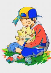 Rule 34 | 1boy, :d, ^ ^, amaya uw, backwards hat, bag, black hair, blue pants, closed eyes, commentary request, creatures (company), ethan (pokemon), game freak, gen 2 pokemon, grass, grey bag, happy, hat, highres, holding, holding pokemon, jacket, long sleeves, male focus, nintendo, open mouth, pants, pokemon, pokemon (creature), pokemon hgss, red jacket, shoes, short hair, sitting, smile, togepi, twitter username, watermark, white background