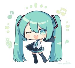 Rule 34 | 1girl, ;d, bare shoulders, beamed eighth notes, black footwear, black skirt, black sleeves, blush stickers, boots, chibi, collared shirt, commentary request, detached sleeves, eighth note, full body, green eyes, green hair, green necktie, hatsune miku, headset, highres, long hair, long sleeves, looking at viewer, musical note, necktie, notice lines, one eye closed, open mouth, pleated skirt, quarter note, shirt, signature, skirt, sleeveless, sleeveless shirt, smile, sofra, solo, thigh boots, tie clip, treble clef, twintails, twitter username, very long hair, vocaloid, white shirt, wide sleeves