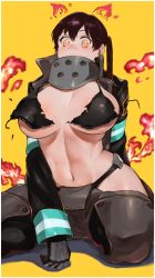 Rule 34 | 1girl, absurdres, arm behind back, bikini, bikini top only, black bikini, black coat, black gloves, black hair, blush, breasts, coat, commentary request, covered mouth, en&#039;en no shouboutai, eyelashes, fire, foreshortening, gloves, hair between eyes, highres, hip vent, ibuo (ibukht1015), large breasts, long hair, long sleeves, looking at viewer, motion blur, navel, neon trim, open clothes, open coat, pants, shiny skin, simple background, solo, swimsuit, tamaki kotatsu, thighs, torn bikini, torn clothes, underboob, wide-eyed, wide hips, yellow background