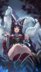 Rule 34 | 1girl, absurdres, ahri (league of legends), animal ears, black hair, bracelet, breasts, facial mark, fox ears, fox tail, highres, jewelry, kanniiepan, korean clothes, large breasts, league of legends, long hair, looking at viewer, multiple tails, open mouth, sitting, solo, tail, whisker markings, yellow eyes