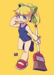 Rule 34 | 1girl, :d, arm behind head, bare arms, bare shoulders, blonde hair, blue eyes, blue one-piece swimsuit, blush, breasts, broom, collarbone, full body, green ribbon, hair ribbon, hand up, holding, holding broom, looking at viewer, mawaru (mawaru), mega man (classic), mega man (series), old school swimsuit, one-piece swimsuit, open mouth, ponytail, red footwear, ribbon, roll (mega man), school swimsuit, shoes, simple background, small breasts, smile, solo, standing, standing on one leg, swimsuit, yellow background