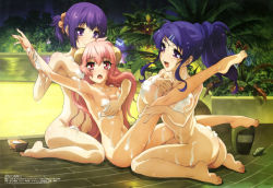 Rule 34 | 10s, 3girls, absurdres, arm up, armpits, ass, bare legs, bare shoulders, barefoot, bathing, blue hair, blush, body blush, breasts, butt crack, censored, collarbone, convenient censoring, cosette shelley, dark blue hair, eco (dragonar), feet, full body, hair ornament, hairclip, highres, large breasts, legs, long hair, megami magazine, multiple girls, navel, nude, official art, open mouth, pink hair, ponytail, primrose shelley, purple eyes, purple hair, sasaki mutsumi (bee train), scan, seikoku no dragonar, siblings, sisters, sitting, small breasts, smile, soap bubbles, soles, thighs, toes, wariza, water, wet, yuri