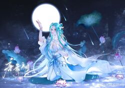 Rule 34 | 1girl, absurdres, blue hair, bracelet, braided hair rings, detached sleeves, douluo dalu, dress, flower, hand on own chest, hand up, highres, jewelry, kneeling, leng meng yuan, lily pad, long hair, lotus, moon, necklace, night, parted lips, second-party source, shooting star, solo, tang wutong (douluo dalu), teeth, thighhighs, water, white dress, white thighhighs