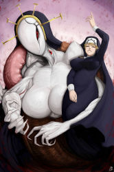 Rule 34 | 1girl, absurdres, blonde hair, breasts, crown, double (skullgirls), dual persona, closed eyes, hand up, highres, huge breasts, large breasts, monster, monster girl, nun, red eyes, sansenyama, size difference, skullgirls, solo