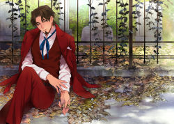 Rule 34 | 1boy, autumn leaves, bad id, bad pixiv id, belt, blue eyes, brown hair, facial hair, fate/zero, fate (series), fence, formal, goatee, graveyard, handkerchief, ironwork, ivy, jacket, jacket on shoulders, k29, knee up, long sleeves, looking away, looking to the side, male focus, neck ribbon, on ground, outdoors, pants, pavement, red jacket, red pants, red vest, ribbon, shirt, sitting, smile, solo, suit, sunlight, tohsaka tokiomi, tombstone, vest, white shirt
