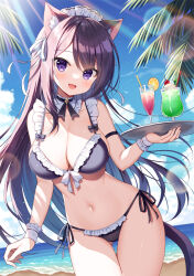 Rule 34 | 1girl, :d, animal ear fluff, animal ears, bikini, black bikini, black hair, blue sky, breasts, cat ears, cat girl, cat tail, cleavage, cloud, commentary request, cup, day, drinking glass, drinking straw, fang, frilled bikini, frills, hair between eyes, holding, holding tray, horizon, large breasts, long hair, looking at viewer, mauve, navel, ocean, open mouth, original, outdoors, purple eyes, side-tie bikini bottom, sky, smile, solo, swimsuit, tail, tray, very long hair, water, wrist cuffs