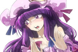 Rule 34 | 1girl, bad id, bad pixiv id, blush, face, female focus, hat, long hair, patchouli knowledge, purple eyes, purple hair, simple background, solo, spacezin, sweat, touhou, white background