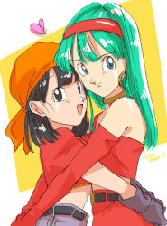 Rule 34 | 2girls, absurdres, age difference, artist request, ass grab, bandana, belt, black eyes, black hair, bra (dragon ball), child, choker, dragon ball, dragon ball gt, earrings, girly pose, gloves, green eyes, green hair, happy, heart, highres, hug, implied incest, jewelry, long hair, looking at viewer, multiple girls, onee-loli, open mouth, pan (dragon ball), red shirt, red skirt, shirt, short hair, shorts, simple background, skirt, smile, tomboy, yuri