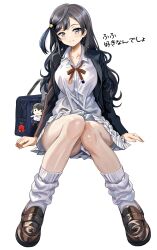 Rule 34 | 1girl, absurdres, arms at sides, bag, bag charm, black hair, black jacket, breasts, brown footwear, character doll, charm (object), collarbone, collared shirt, commentary request, full body, grey eyes, grin, gyaru, hair ornament, highres, invisible chair, jacket, knees together feet apart, large breasts, loafers, long hair, long sleeves, looking at viewer, loose socks, love live!, love live! nijigasaki high school idol club, miniskirt, neck ribbon, nijigasaki school uniform, one side up, open clothes, open jacket, parted lips, plaid, plaid skirt, pleated skirt, red ribbon, ribbon, school bag, school uniform, shirt, shoes, shoulder bag, sitting, skirt, smile, socks, solo, takasaki yu, translation request, unworn bag, wavy hair, white shirt, white skirt, white socks, yuki setsuna (love live!), zaofeng
