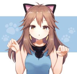 Rule 34 | 1girl, animal ears, antenna hair, blue shirt, blush, breasts, brown eyes, brown hair, cat ears, clenched hands, commentary request, creatures (company), earrings, game freak, hair flaps, hands up, highres, jewelry, leaf (pokemon), long hair, looking at viewer, moegi itsukashi, nintendo, parted lips, paw pose, paw print, paw print background, pokemon, pokemon frlg, shirt, sleeveless, sleeveless shirt, solo, upper body