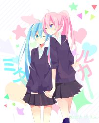 Rule 34 | 2girls, absurdres, ahoge, aqua eyes, aqua hair, artist name, bandage on face, bandages, black skirt, black sweater, blue eyes, character name, commentary, cowboy shot, fish, hatsune miku, heads together, heart, highres, holding hands, long hair, megurine luka, miniskirt, multiple girls, one eye closed, pink hair, pleated skirt, ponytail, school uniform, shirt, skirt, sleeves past wrists, star (symbol), sweater, translated, triangle, twintails, vocaloid, white shirt, yui (22)