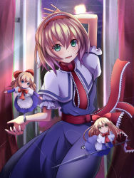Rule 34 | 3girls, :d, :o, alice margatroid, arm up, belt, black footwear, blonde hair, blue dress, blue eyes, blush, bow, capelet, closed mouth, cowboy shot, curtains, doll, dress, eyebrows, frilled sleeves, frills, full moon, green eyes, hair between eyes, hair bow, hairband, heterochromia, holding, indoors, lance, long hair, mary janes, moon, moonlight, multiple girls, necktie, night, night sky, open mouth, open window, outstretched arms, parted lips, polearm, puffy short sleeves, puffy sleeves, puppet strings, red necktie, shanghai doll, shoes, short hair, short sleeves, sky, smile, touhou, very long hair, weapon, window, yayoi kotoyuki
