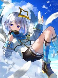 Rule 34 | 1girl, amane kanata, amane kanata (1st costume), angel, angel wings, blue bow, blue sky, bob cut, boots, bow, cloud, day, falling feathers, feathers, floating, frilled shorts, frills, halo, hand up, high collar, highres, hololive, inari (ambercrown), knees up, legwear garter, looking at viewer, medium hair, multicolored hair, outdoors, purple eyes, shorts, silver hair, sky, socks, solo, star halo, streaked hair, virtual youtuber, wings