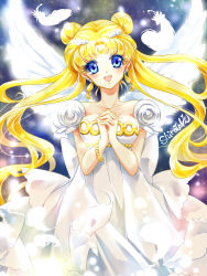 Rule 34 | 1girl, bishoujo senshi sailor moon, blonde hair, blue eyes, blush, bracelet, cowboy shot, crescent, crescent facial mark, double bun, dress, earrings, facial mark, feathers, forehead mark, jewelry, long hair, looking at viewer, own hands clasped, own hands together, princess serenity, shirataki kaiseki, signature, smile, solo, tsukino usagi, twintails, white dress, white wings, wings