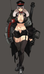 Rule 34 | 1girl, absurdres, ammunition belt, armband, black shirt, black shorts, black thighhighs, breasts, brooch, cannon, cape, choker, cleavage, cross, fur, fur collar, fur trim, garter straps, grey background, grey hair, gun, hat, highres, iron cross, jewelry, large breasts, mecha musume, mechanical arms, midriff, military, military uniform, military vehicle, motor vehicle, nazi, open fly, peaked cap, personification, radio antenna, red eyes, shirt, short hair, shorts, simple background, single mechanical arm, solo, swastika, tank, thighhighs, uniform, unzipped, weapon