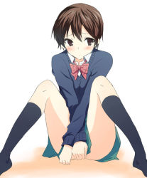 Rule 34 | 1girl, bad id, bad pixiv id, blush, bow, brown eyes, brown hair, covering privates, covering crotch, female focus, hyakuen raitaa, kneehighs, legs up, looking away, no shoes, original, ribbon, school uniform, short hair, simple background, sitting, skirt, socks, solo, sweater, white background