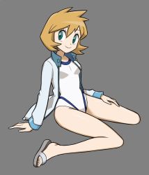 Rule 34 | 1girl, breasts, closed mouth, creatures (company), eyelashes, flowers-imh, full body, game freak, green eyes, grey background, grey footwear, grey jacket, gym leader, hand on own thigh, highres, jacket, long sleeves, looking to the side, misty (pokemon), nintendo, one-piece swimsuit, open clothes, open jacket, orange hair, pokemon, pokemon hgss, sandals, shiny skin, short hair, simple background, sitting, smile, solo, swimsuit, thighs, toes, white one-piece swimsuit