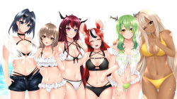 Rule 34 | 6+girls, absurdres, animal ears, antler ring, antlers, bikini, blue eyes, blue hair, breasts, brown eyes, brown hair, ceres fauna, choker, cleavage, closed eyes, criss-cross halter, dark-skinned female, dark skin, frilled bikini, frills, green hair, hair intakes, hakos baelz, halterneck, heterochromia, highres, holocouncil, hololive, hololive english, horns, irys (hololive), large breasts, light brown hair, medium breasts, mouse ears, mouse girl, multicolored hair, multiple girls, multiple horns, nanashi mumei, navel, o-ring, o-ring bikini, one eye closed, open mouth, ouro kronii, popcornflakes, purple eyes, purple hair, red hair, smile, streaked hair, swimsuit, tsukumo sana, virtual youtuber, yellow eyes