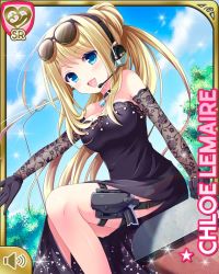 Rule 34 | 1girl, black dress, blonde hair, blue eyes, card, character name, chloe lemaire, day, dress, elbow gloves, girlfriend (kari), gloves, gun, gun holster, headset, long hair, official art, open mouth, outdoors, qp:flapper, sitting, smile, solo, sunglasses on head, tagme, weapon