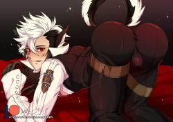 Rule 34 | 1boy, absurdres, all fours, animal ears, ass, black hair, blush, bulge, come hither, duzk, fire emblem, fire emblem fates, from behind, gloves, highres, huge ass, keaton (fire emblem), looking at viewer, looking back, male focus, multicolored hair, naughty face, nintendo, pants, red eyes, shiny clothes, short hair, skin tight, smile, solo, tail, thigh strap, tongue, tongue out, top-down bottom-up, two-tone hair, white hair, wolf ears, wolf tail