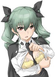 Rule 34 | 1girl, anchovy (girls und panzer), anzio school uniform, between breasts, black cape, black necktie, black ribbon, black skirt, blush, bra, breasts, cape, clothes lift, commentary, dress shirt, drill hair, elf (stroll in the woods), girls und panzer, green hair, hair ribbon, highres, lifting own clothes, long hair, long sleeves, looking at viewer, medium breasts, necktie, necktie between breasts, open mouth, red eyes, ribbon, school uniform, shirt, shirt lift, simple background, skirt, solo, sweat, textless version, twin drills, twintails, underwear, upper body, white background, white shirt, wing collar, yellow bra