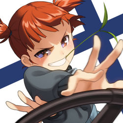 Rule 34 | 10s, bad id, bad pixiv id, blunt bangs, blush, brown eyes, brown hair, driving, girls und panzer, long sleeves, looking at viewer, mikko (girls und panzer), mouth hold, pairan, smile, solo, stalk in mouth, steering wheel, twintails, two side up