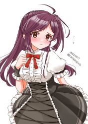 Rule 34 | ahoge, alternate costume, black skirt, brown eyes, cocoperino, cowboy shot, dated, frilled shirt, frills, hagikaze (kancolle), kantai collection, long hair, one-hour drawing challenge, one side up, purple hair, shirt, simple background, skirt, twitter username, white background, white shirt, wrist cuffs