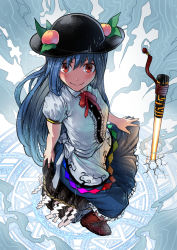 Rule 34 | 1girl, absurdres, bad id, bad pixiv id, black hat, blue hair, blue skirt, blush, boots, brown footwear, center frills, closed mouth, crack, floating rock, food, frills, fruit, gunjin (aguran), hat, highres, hinanawi tenshi, keystone, looking at viewer, peach, planted, planted sword, planted weapon, red eyes, rock, shirt, short sleeves, sitting, skirt, smile, solo, sword, sword of hisou, touhou, weapon, white shirt