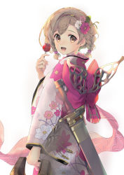 Rule 34 | 1girl, :d, alternate costume, blonde hair, bow, brown eyes, candy apple, djeeta (granblue fantasy), floral print, food, from side, granblue fantasy, highres, holding, holding food, japanese clothes, kimono, long sleeves, looking at viewer, medium hair, naruse hirofumi, open mouth, print kimono, red bow, scabbard, sheath, sheathed, simple background, single hair intake, smile, solo, standing, sword, weapon, white background, wide sleeves