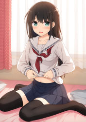 Rule 34 | 1girl, :d, aqua eyes, black hair, black thighhighs, blush, clothes lift, collarbone, curtains, eyebrows, indoors, lifted by self, long hair, looking at viewer, nakamura sumikage, navel, no shoes, on bed, open mouth, original, school uniform, serafuku, shirt lift, sitting, smile, solo, stomach, sweatdrop, thighhighs, uniform, wariza, window, zettai ryouiki