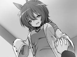 Rule 34 | 1boy, 1girl, agnes tachyon (umamusume), ahoge, animal ears, blush, breasts, commentary request, greyscale, hair between eyes, hair ornament, highres, holding, holding hands, holding test tube, horse ears, horse girl, lab coat, large breasts, looking at viewer, monochrome, open mouth, pov, pov hands, ryochapu, short hair, sleeves past wrists, straddling, test tube, umamusume