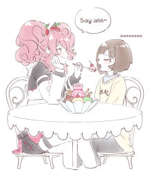 Rule 34 | 2girls, black sweater, blush, cherry hair ornament, collared shirt, commentary, crossed legs, english commentary, feeding, food, food-themed hair ornament, hair ornament, holding, holding spoon, ice cream, indie virtual youtuber, multiple girls, original, pink hair, serotina, shirt, short hair, sitting, smile, speech bubble, spoon, sweater, table, tama gotoh, twintails, two-tone sweater, virtual youtuber, white sweater, yellow sweater, yoruny