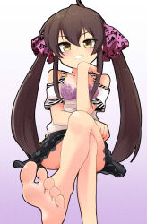 Rule 34 | 1girl, aketa chika, animal print, bare shoulders, barefoot, black hair, black skirt, blush, breasts, cleavage, collarbone, crossed legs, foot focus, frilled skirt, frills, gradient background, hair between eyes, hair ribbon, head rest, highres, idolmaster, idolmaster cinderella girls, idolmaster cinderella girls starlight stage, idolmaster cinderella girls u149, invisible chair, leopard print, long hair, looking at viewer, matoba risa, o-ring, o-ring top, open mouth, pink ribbon, purple background, ribbon, shirt, short sleeves, simple background, sitting, skirt, small breasts, smile, soles, solo, toes, twintails, very long hair, white shirt, yellow eyes, zebra print