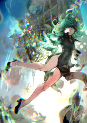 Rule 34 | action, an&#039;ninsou, aura, battle, black dress, boulder, breasts, building, chromatic aberration, curly hair, damaged, destruction, dress, energy, epic, psychic, fantasy, flipped hair, floating, floating object, floating rock, flying, glowing, glowing eyes, glowing hand, green eyes, green hair, high heels, levitation, magic, no panties, one-punch man, outdoors, psychic, psychic powers, rock, short hair, side slit, sky, small breasts, solo, tatsumaki, telekinesis