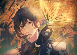 Rule 34 | 1boy, absurdres, autumn leaves, black coat, black gloves, black hair, boori988, bug, butterfly, butterfly on hand, coat, commentary, earrings, forest, genshin impact, gloves, hair between eyes, highres, insect, jewelry, long hair, long sleeves, looking at viewer, male focus, multicolored coat, nature, outdoors, parted lips, portrait, solo, thumb ring, two-tone coat, upper body, white coat, yellow eyes, zhongli (genshin impact)