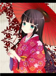 Rule 34 | 10s, 1girl, alternate costume, bad id, bad pixiv id, black hair, commentary request, eyebrows, floral background, floral print, green eyes, hair ornament, hairclip, highres, japanese clothes, kimono, kurosawa dia, long hair, looking at viewer, love live!, love live! school idol festival, love live! sunshine!!, mole, mole under mouth, oil-paper umbrella, red kimono, ryoutan, solo, umbrella, yukata
