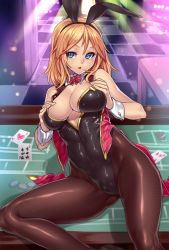 Rule 34 | 1girl, animal ears, bow, bowtie, breasts, cameltoe, card, checkered floor, cleavage, covered erect nipples, detached collar, detached sleeves, fake animal ears, fishnet pantyhose, fishnets, floor, highres, houtengeki, large breasts, leotard, on table, orange hair, pantyhose, playboy bunny, playing card, poker table, rabbit ears, sleeveless, solo, table, vest