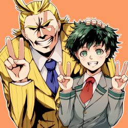 Rule 34 | 2boys, all might, black hair, blonde hair, blue neckwear, boku no hero academia, brown jacket, collared shirt, commentary request, dated, double v, freckles, green eyes, green hair, grey jacket, grin, hand on another&#039;s head, jacket, long sleeves, looking at viewer, male focus, meipoi, messy hair, midoriya izuku, multiple boys, necktie, orange background, school uniform, shirt, short necktie, simple background, smile, u.a. school uniform, v