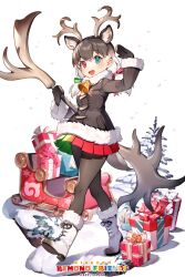 Rule 34 | 1girl, animal ears, boots, christmas, christmas present, copyright name, extra ears, gift, gloves, green eyes, grey hair, highres, horns, jacket, kemono friends, kemono friends kingdom, long hair, looking at viewer, official art, pantyhose, red eyes, reindeer (kemono friends), ribbon, skirt, snow, solo, tail, twintails, weapon