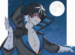 Rule 34 | 1boy, black cape, black hair, black jacket, border, cape, charlemagne (fate), commentary request, fate/grand order, fate (series), full moon, gloves, hair over eyes, hand up, high collar, highres, jacket, looking at viewer, moon, multicolored hair, night, night sky, parted bangs, red eyes, sky, smile, solo, star (sky), streaked hair, two-tone hair, white border, white gloves, white hair, yukihara sbgd