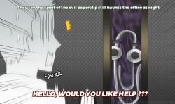 Rule 34 | 1boy, 1other, ^^^, anime coloring, aura, bloodshot eyes, cioccolatodorima, clippy, color drain, creature, dark aura, english text, fake screenshot, male focus, microsoft office, microsoft word, office assistant, paperclip, parody, scared, shaded face, subtitled, surprised, sweatdrop, wavy mouth