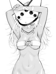Rule 34 | 1girl, armpits, arms up, bed sheet, belt bra, blush, bottomless, breasts, dark skin, dark-skinned female, greyscale, groin, guilty gear, guilty gear xrd, hair between eyes, hat, jouyama yui, large breasts, long hair, looking down, lying, monochrome, navel, on back, ramlethal valentine, solo, stomach, underboob, wavy mouth