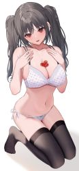 Rule 34 | 1girl, absurdres, amrita (amber78gou), bare arms, bare shoulders, black hair, black thighhighs, bra, breasts, cleavage, collarbone, food, fruit, hands up, highres, large breasts, long hair, looking at viewer, multi-strapped bra, navel, no shoes, object on breast, open mouth, original, panties, red eyes, side-tie panties, simple background, skindentation, solo, stomach, strawberry, string panties, thighhighs, thighs, twintails, underwear, white background, white bra, white panties