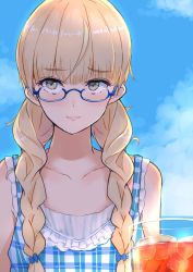 Rule 34 | 1girl, alternate hairstyle, blonde hair, blue-framed eyewear, blue bow, blue dress, blue sky, blunt bangs, bow, braid, casual, closed mouth, cloud, cloudy sky, commentary request, cup, day, dress, drinking glass, frilled dress, frills, hair bow, hair over shoulder, highres, ice, light smile, lips, outdoors, perrine h. clostermann, plaid, plaid dress, semi-rimless eyewear, sky, sleeveless, sleeveless dress, solo, strike witches, twin braids, under-rim eyewear, world witches series, yellow eyes