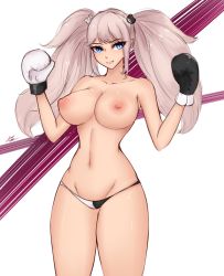 Rule 34 | 1girl, arms up, bare arms, bare legs, bare shoulders, bear hair ornament, black gloves, black panties, blonde hair, blue eyes, blush, boxing, boxing gloves, breasts, collarbone, danganronpa: trigger happy havoc, danganronpa (series), eartheas, enoshima junko, eyelashes, feet out of frame, female focus, gloves, hair ornament, hands up, large breasts, multicolored background, multicolored clothes, navel, nipples, panties, pink background, simple background, smile, solo, standing, thighs, topless, twintails, underwear, white background, white gloves, white panties