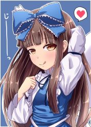 Rule 34 | 1girl, :q, arm behind head, blue background, blue dress, blue ribbon, blunt bangs, blush, breasts, brown eyes, brown hair, commentary request, curled fingers, dress, fairy wings, fusu (a95101221), hair ribbon, hand on own chest, heart, high collar, highres, long hair, long sleeves, looking at viewer, naughty face, neck ribbon, outline, pinafore dress, ribbon, shirt, sidelocks, simple background, sleeveless dress, slit pupils, small breasts, solo, speech bubble, spoken heart, standing, star sapphire, tongue, tongue out, touhou, upper body, very long hair, white shirt, wings
