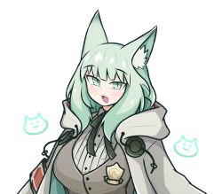 Rule 34 | 1girl, :d, absurdres, animal ear fluff, animal ears, arknights, black outline, black ribbon, blush, breasts, buttons, cat ears, cat girl, coat, green eyes, green hair, grey jacket, harmonie (arknights), highres, hood, hood down, hooded coat, jacket, long hair, looking at viewer, mumei518, neck ribbon, open clothes, open coat, open mouth, outline, ribbon, shirt, simple background, slit pupils, smile, solo, upper body, white background, white coat, white shirt