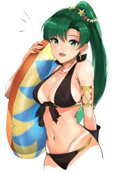 Rule 34 | 1girl, :d, ^^^, absurdres, armlet, bare arms, bare shoulders, bikini, bikini tan, black bikini, black ribbon, blush, breasts, cleavage, collarbone, covered erect nipples, cowboy shot, earrings, fire emblem, fire emblem: the blazing blade, front-tie bikini top, front-tie top, green eyes, green hair, groin, hair ornament, hand up, high ponytail, highres, holding, innertube, jewelry, large breasts, long hair, looking at viewer, lyn (fire emblem), navel, nintendo, open mouth, ormille, ribbon, simple background, smile, solo, star (symbol), star hair ornament, stomach, swim ring, swimsuit, tan, tanline, very long hair, white background